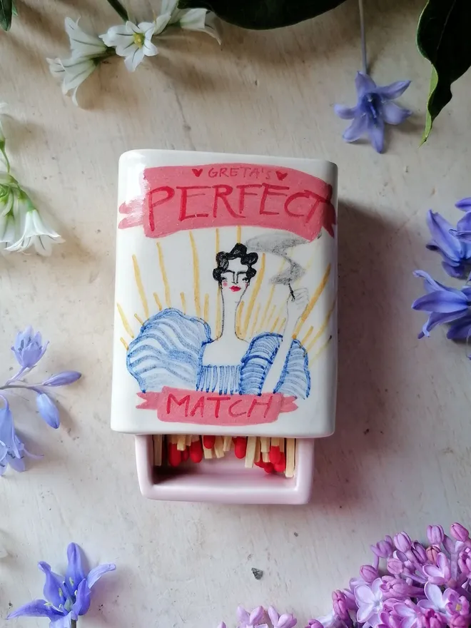 small Bespoke "Perfect Match" Greta ceramic unique hand painted matchbox