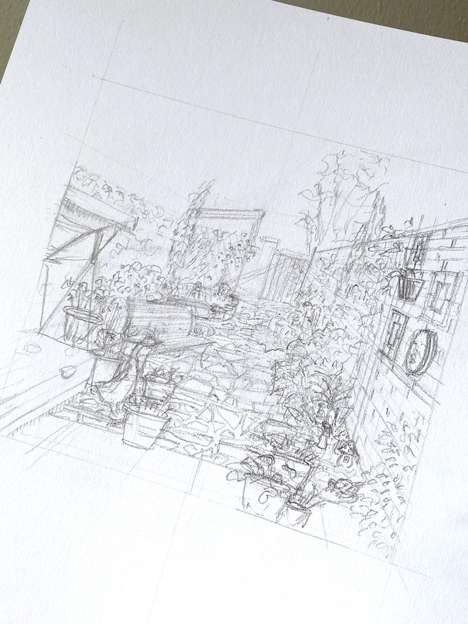 Close up process pencil sketch illustration of an old cottage garden. In the centre is a crazy paved garden with brick wall and planted border to the right, swing seat, pond, shed and pots to the left. 