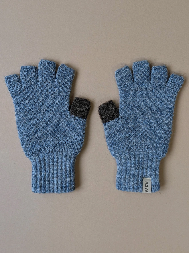 blue british wool fingerless gloves