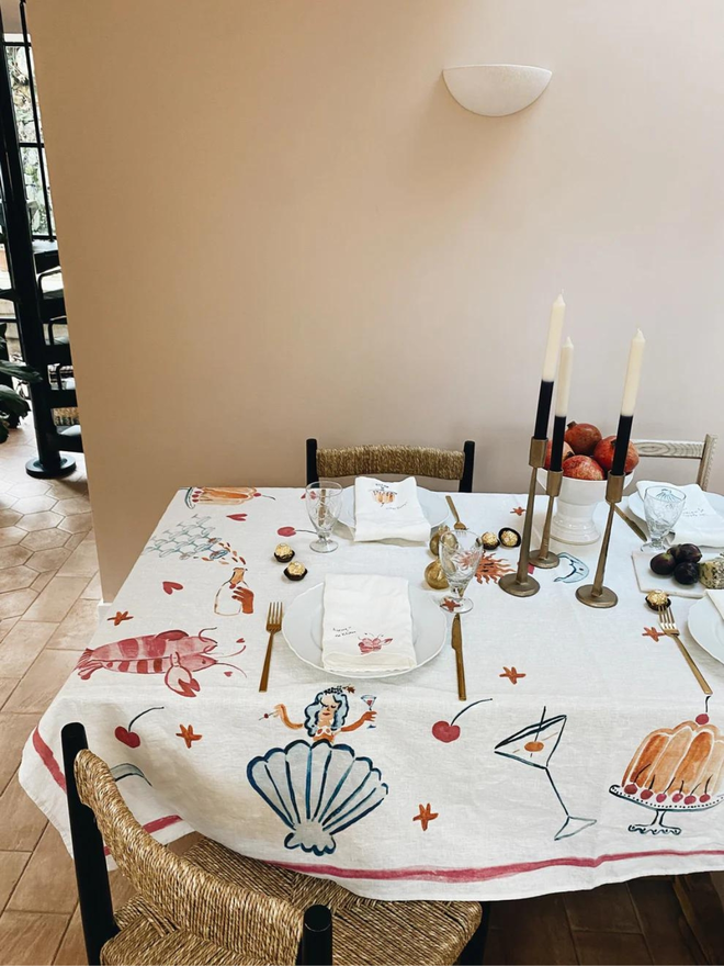 linen multi pattern tablecloth on decorated table 