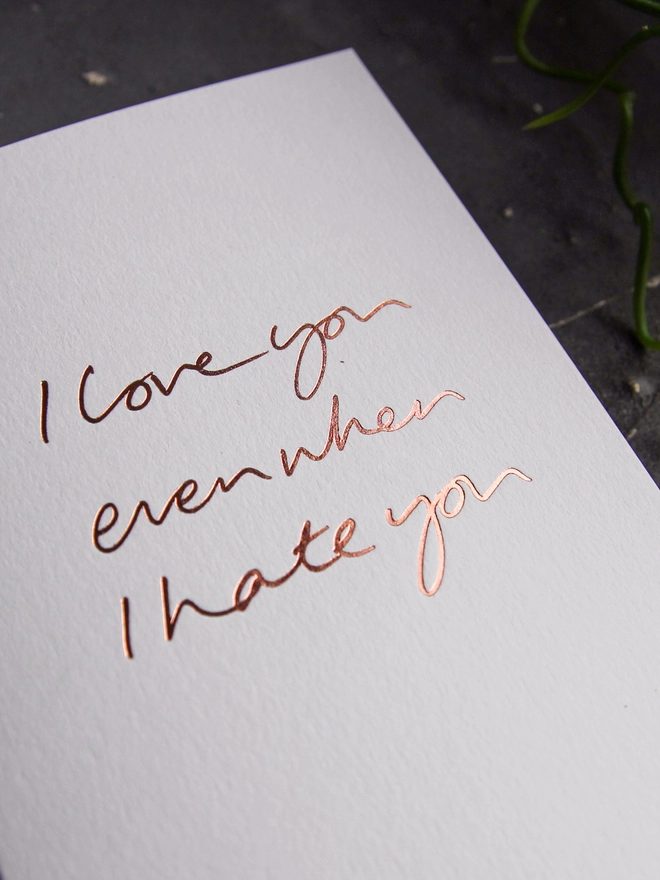 'I Love You Even When I Hate You' Hand Foiled Card