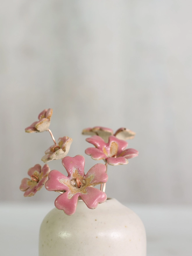 pink primroses in a vase with a grey toned background