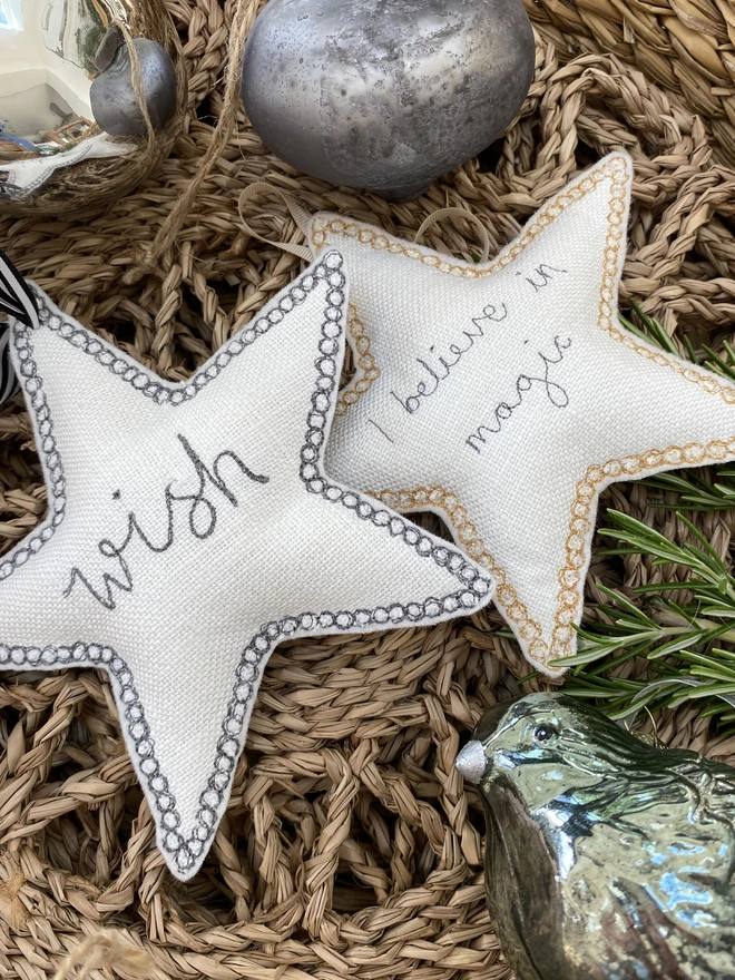 Fabric Embroidered Edge Star Decoration in a bowl with baubles