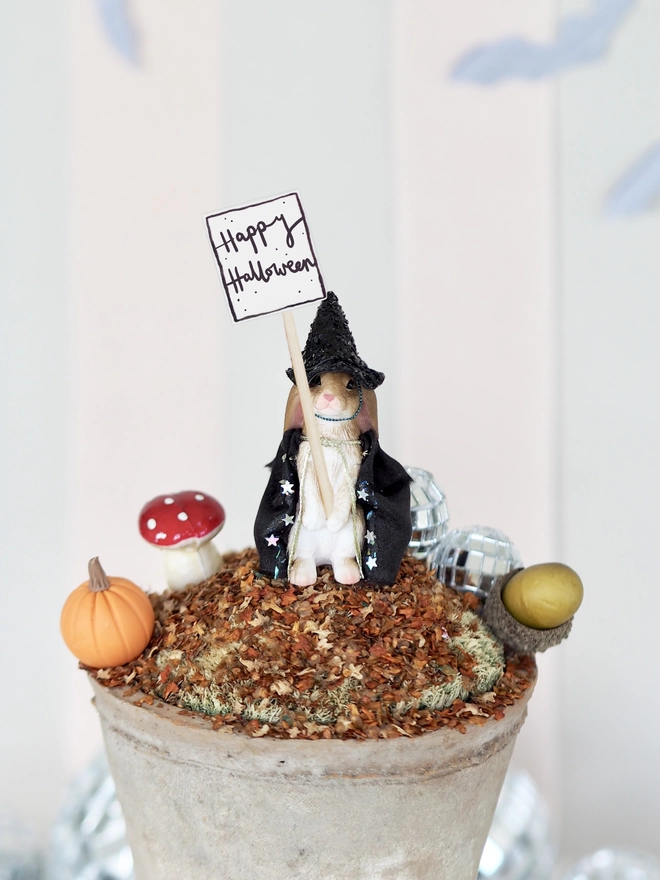 Halloween Glitter Witch Bunny Rabbit with Cape and Personalised Placcard cake topper decoration