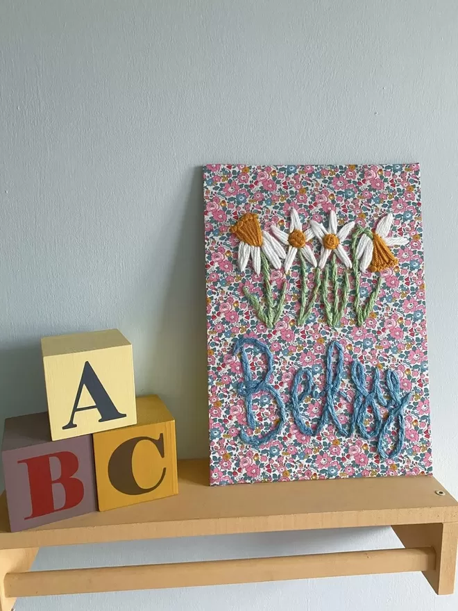 Liberty print embroidered picture birthflower, kids decor
