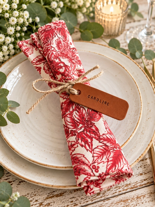 tan leather hand stamped leather napkin ring
