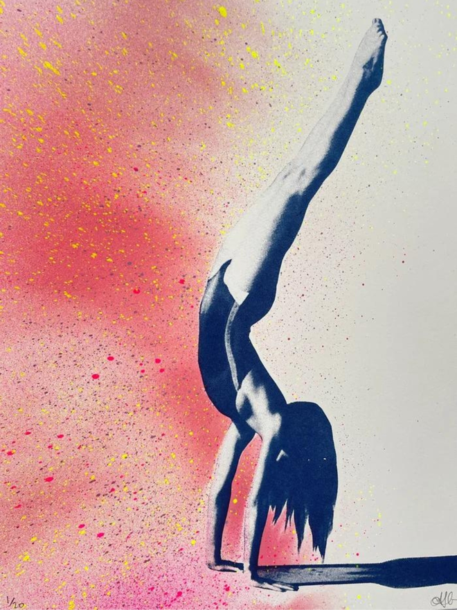 handstand girl pink flecked screen print