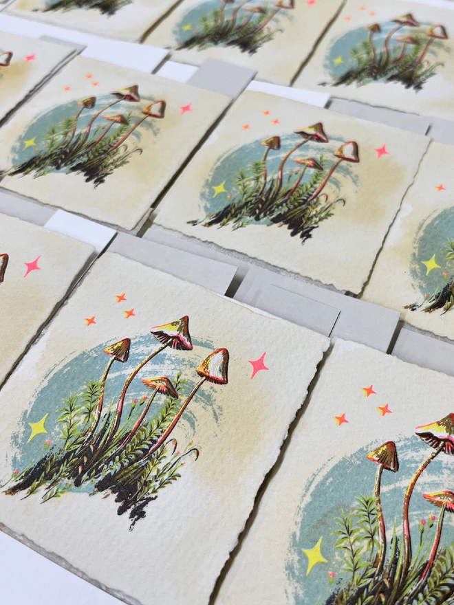 Mosscaps Miniature screenprint artwork by London based artist Kath Leone process photo