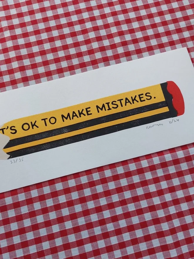 'Its Ok To Make Mistakes' Yellow Pencil Linocut 