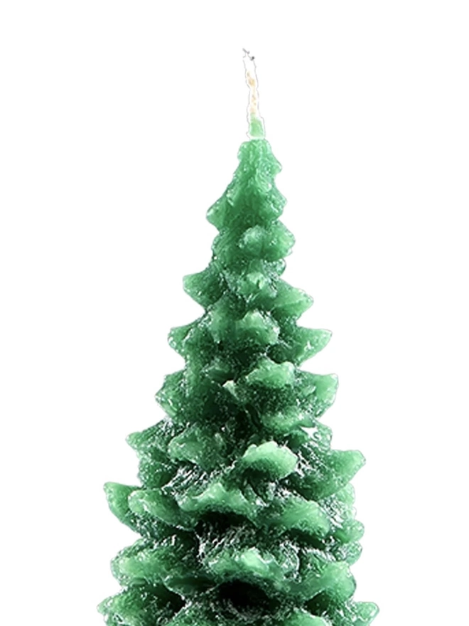 Green Or Red Christmas Tree Candle (Set Of 3). a close-up shot shows the top section of a green christmas tree shaped candle on a plain white background. the textured, layered pine branch design is visible in detail, with the wick extending from the tip of the tree. the deep green wax has a slightly mottled finish, adding to the realistic, hand-poured look of the candle.