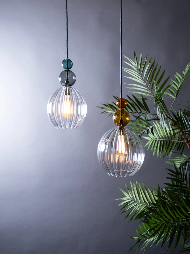 Small and medium clear ribbed Signature Wanda pendant lights hung with a plant in the background. The small has a large smoeke bauble and a small teal bauble on it. The medium has a large yellow bauble and a small amber bauble on it. 