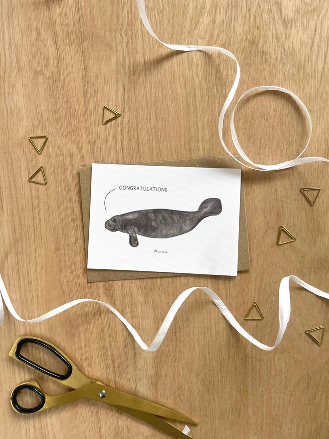 a greetings card featuring an illustration of a dolphin waving its fin with the text “congratulations”