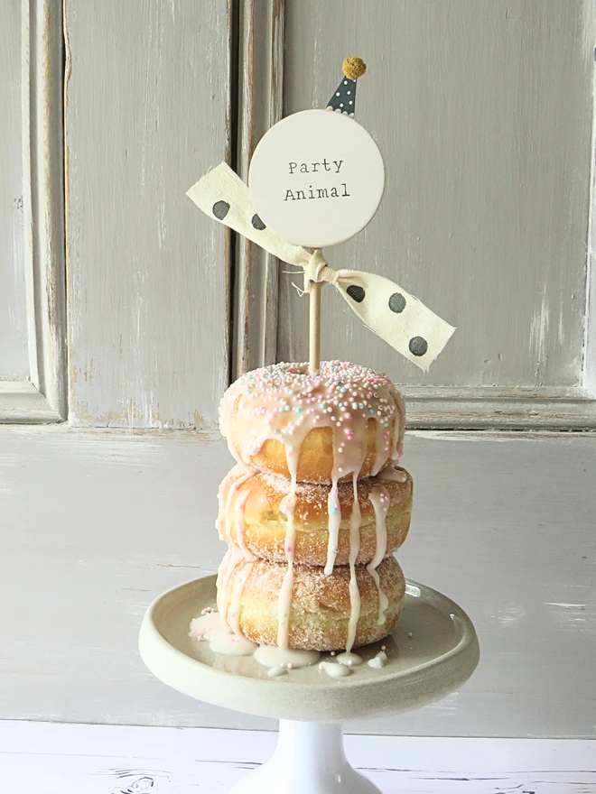 hand painted wooden cake topper with party animal message with hand made party hat 