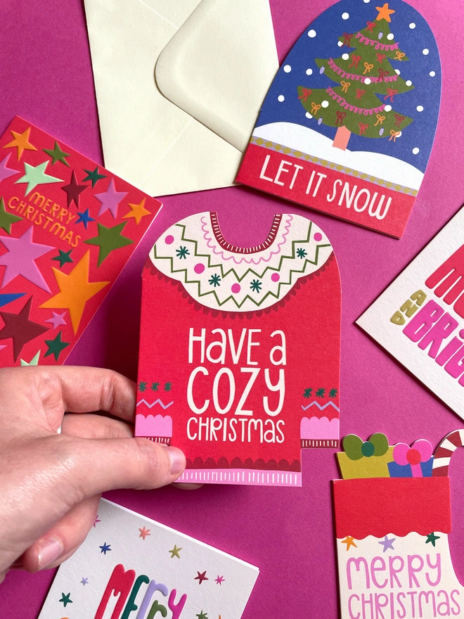 Colourful Christmas Jumper Shaped Mini Christmas Card ‘Have a Cozy Christmas’ | Raspberry Blossom