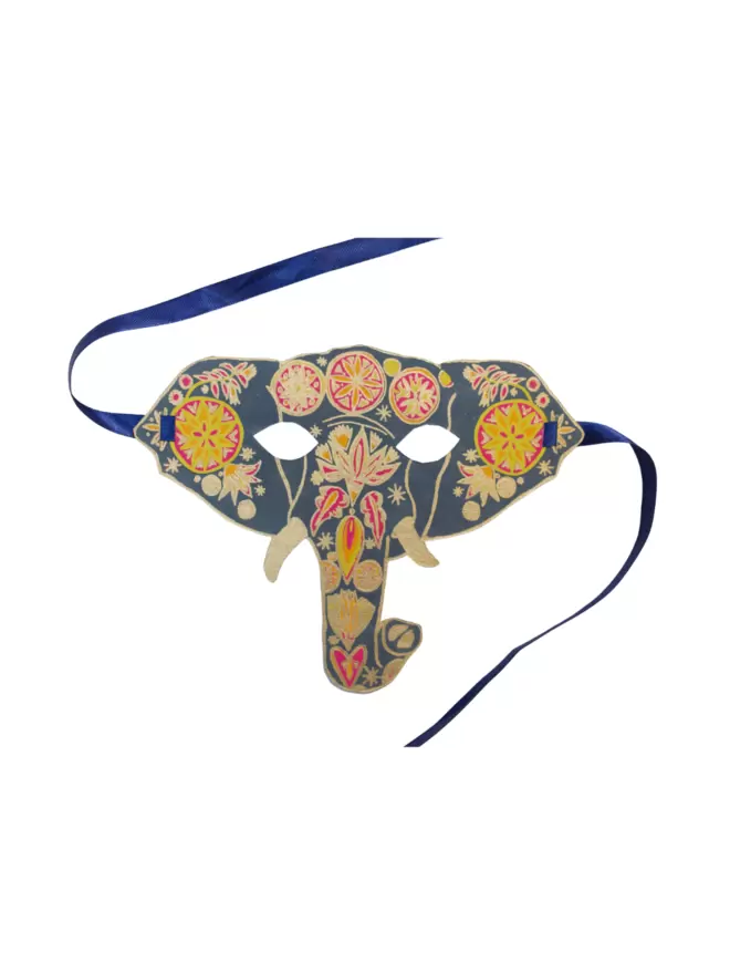 White cut-out shot: blue, yellow and gold elephant head and matching blue ribbon