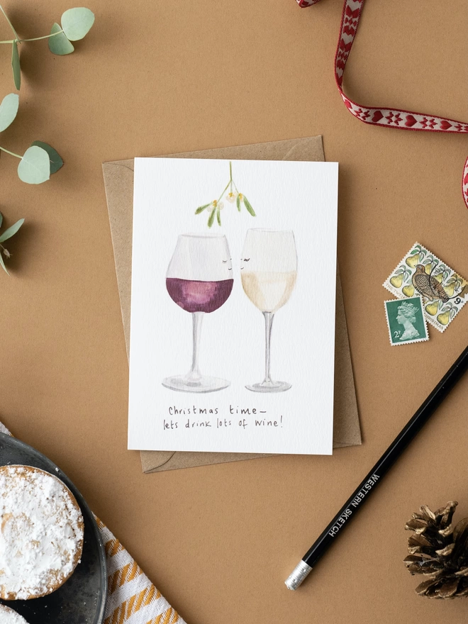 Hand painted Christmas Card - Lets Drink Lots of Wine