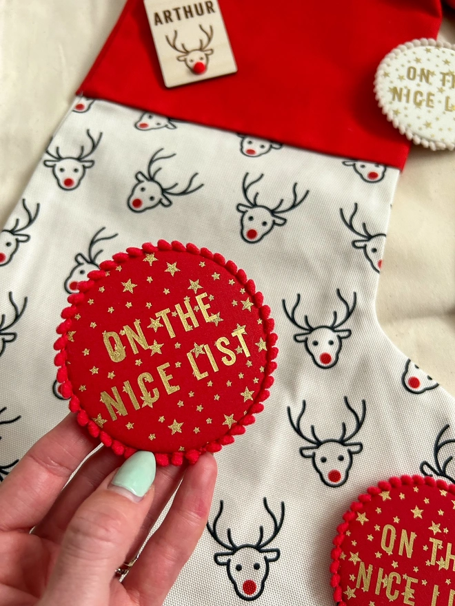 'On the Nice List Christmas Badge, the perfect accessory to meet santa or stocking or advent filler