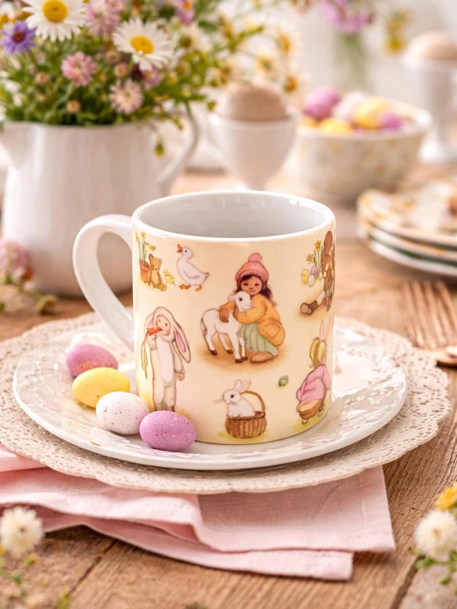 a childs small easter mug say on a easter table sweet vintage illustrated 