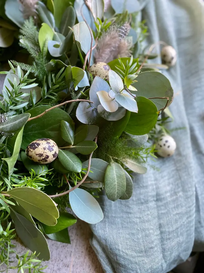 Spring Foliage Wreath with Quail Eggs & Feathers