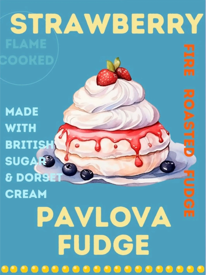 strawberry pavlova fire roasted fudge. packaging for fudge featuring an illustrated strawberry pavlova on a blue background with yellow writing.