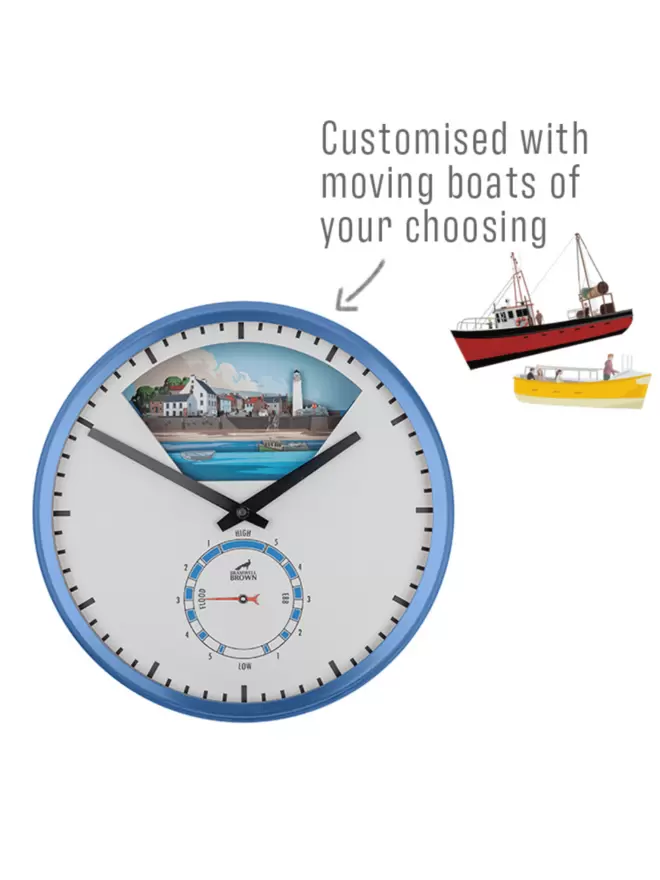 Infographic of a Bramwell Brown Bespoke Tide Clock, detailing that it is possible to customise the clock with your own choice of moving boats