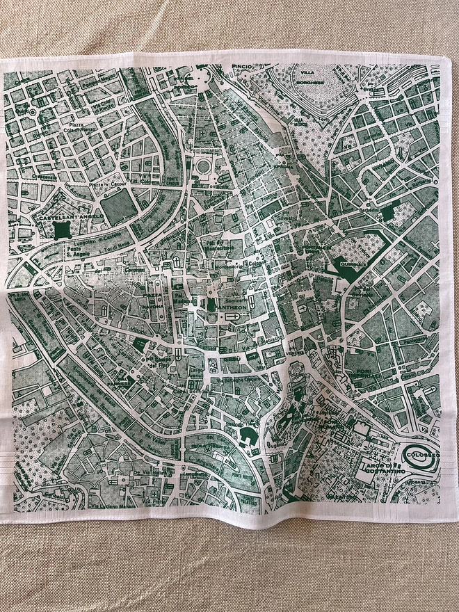 A Mr.PS Rome vintage map handkerchief screenprinted in sage green.