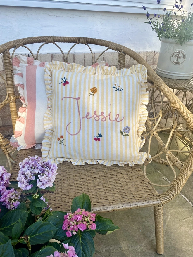 Personalised Lemon Stripe Cushion With Ruffle Trim