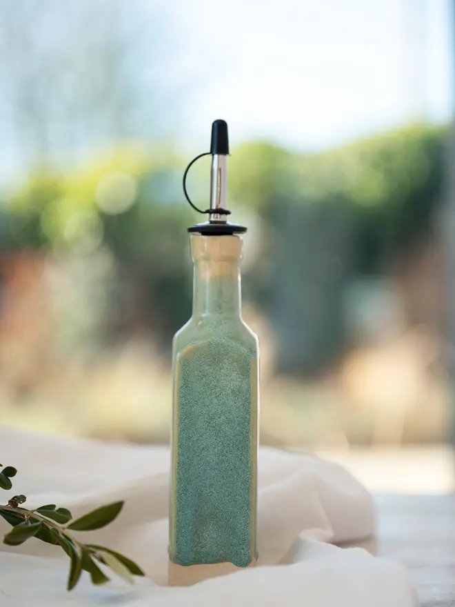 olive oil bottle. pourer bottle, ceramic oil bottle, jenny hopps pottery