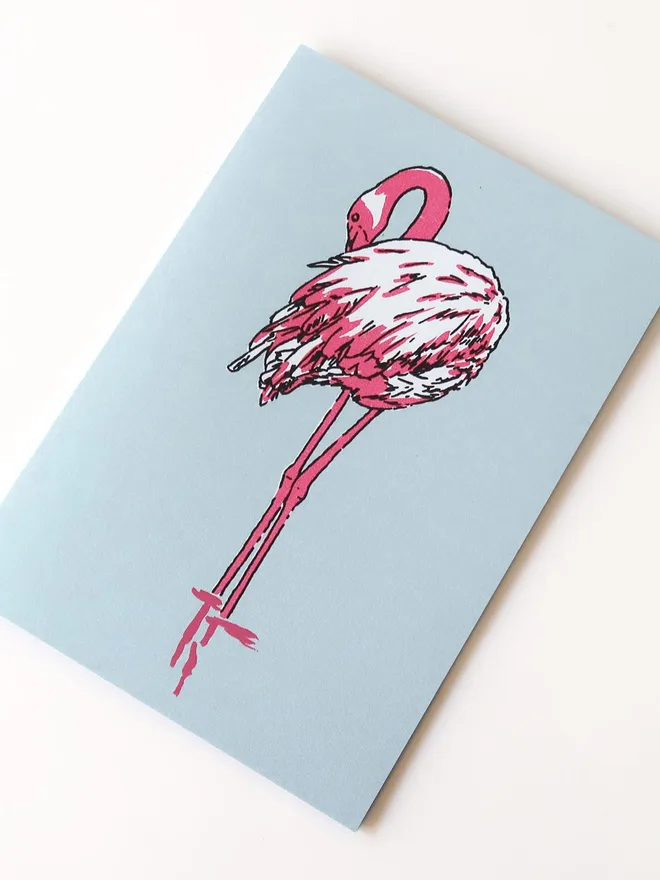 Flamingo hand screen printed greeting card blue