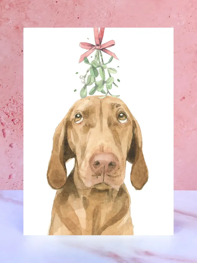 brown tan vizsla dog mistletoe christmas card