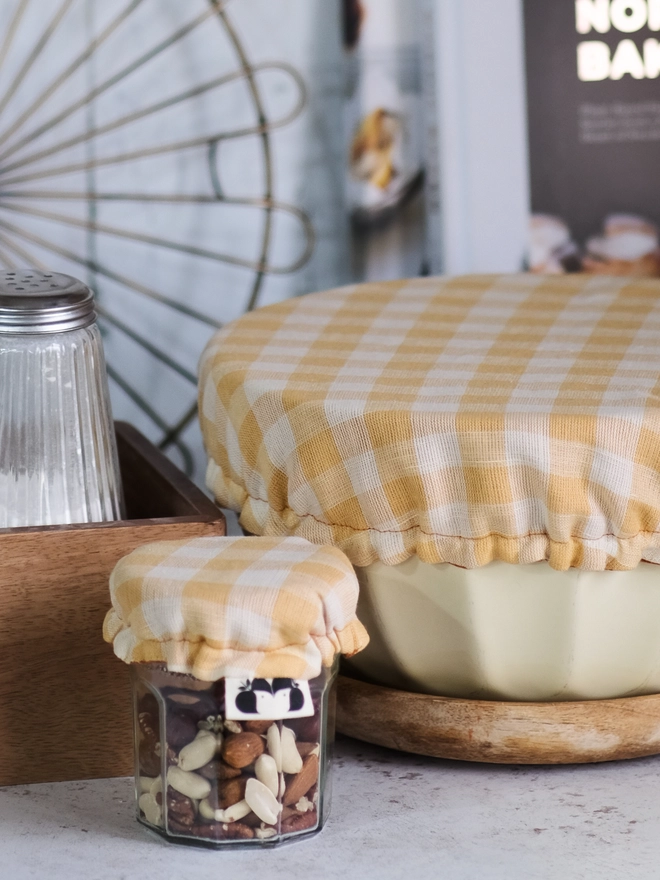 Reusable linen bowl covers cottagecore style in gingham