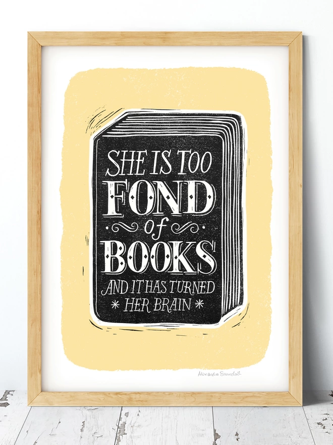 she is too fond of books black and lemon reading print in a wooden frame