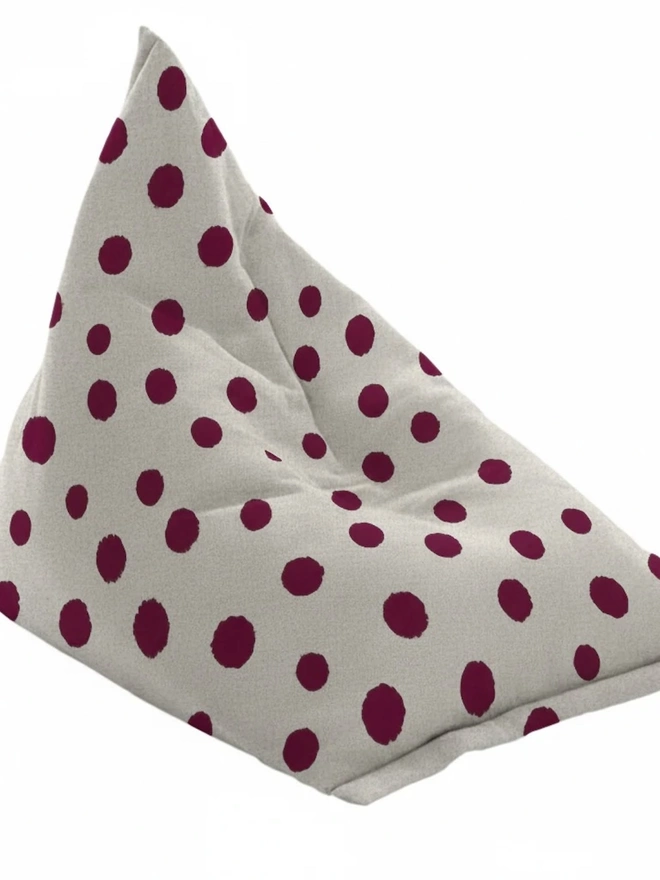 Hand Painted & Repurposed Linen Bean Bag Polka Dot Chair , colourful burgundy bean bag polka dot chair on a white surface. 