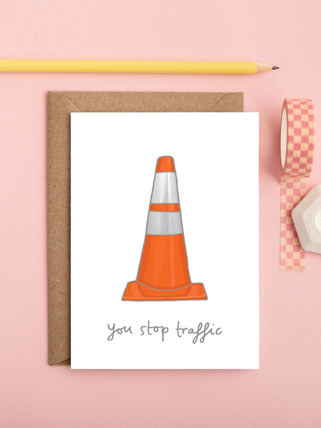 A humorous love card featuring a traffic cone 