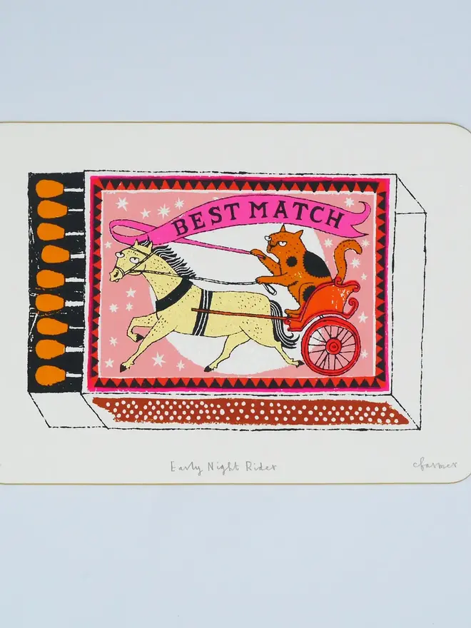 Cat And Horse Matchbox Screenprint Early Night Rider, a white screenprint with a match box design in the centre on top of a baby blue backdrop. 