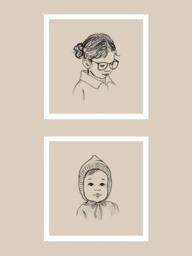 2 examples of hand drawn miniature drawn portraits, sepia and pencil with a white border