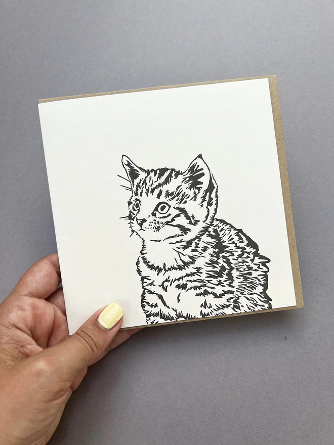 Hand holding Time for tea card which is a Tabby kitten sat looking up waiting for their food