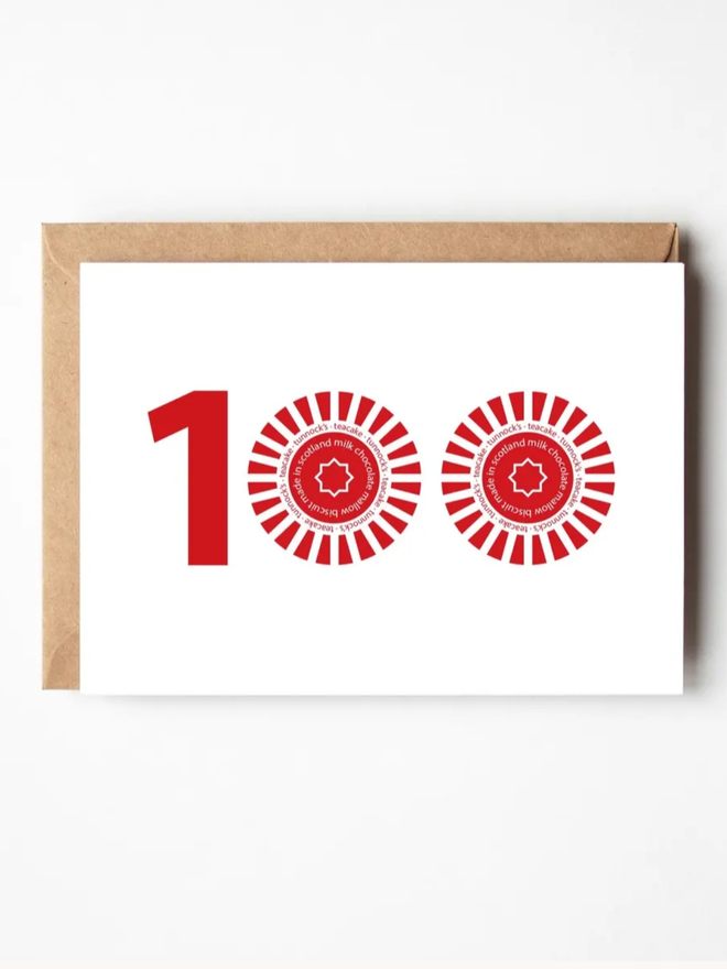 Teacake Birthday Card. A card written with 100, the 00s of which are teacakes.