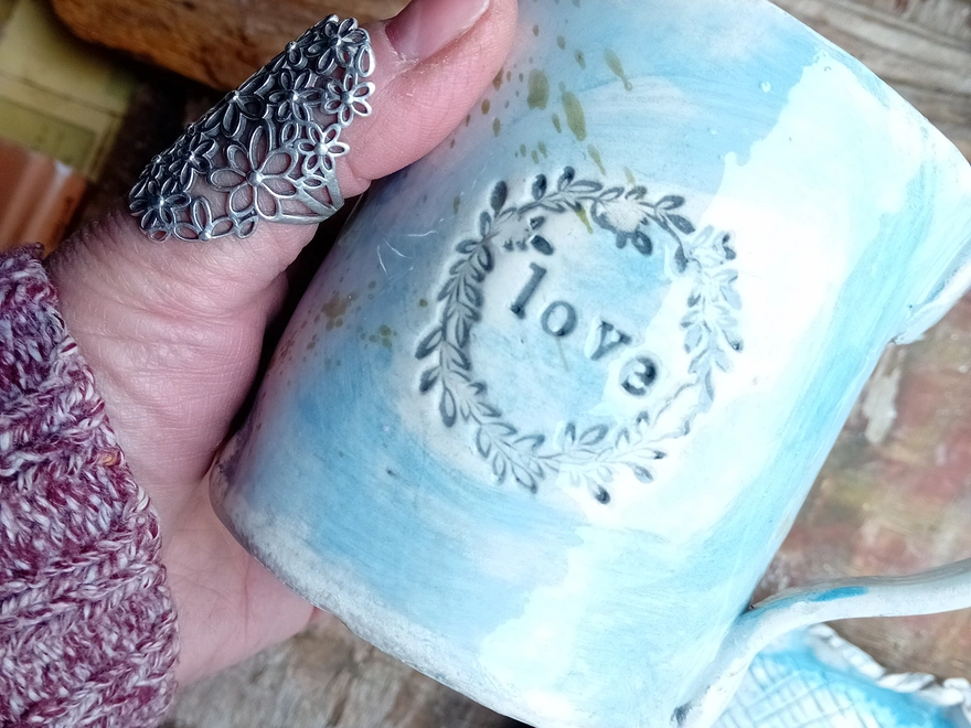 Personalised Stoneware Mug in blue with 'love' text