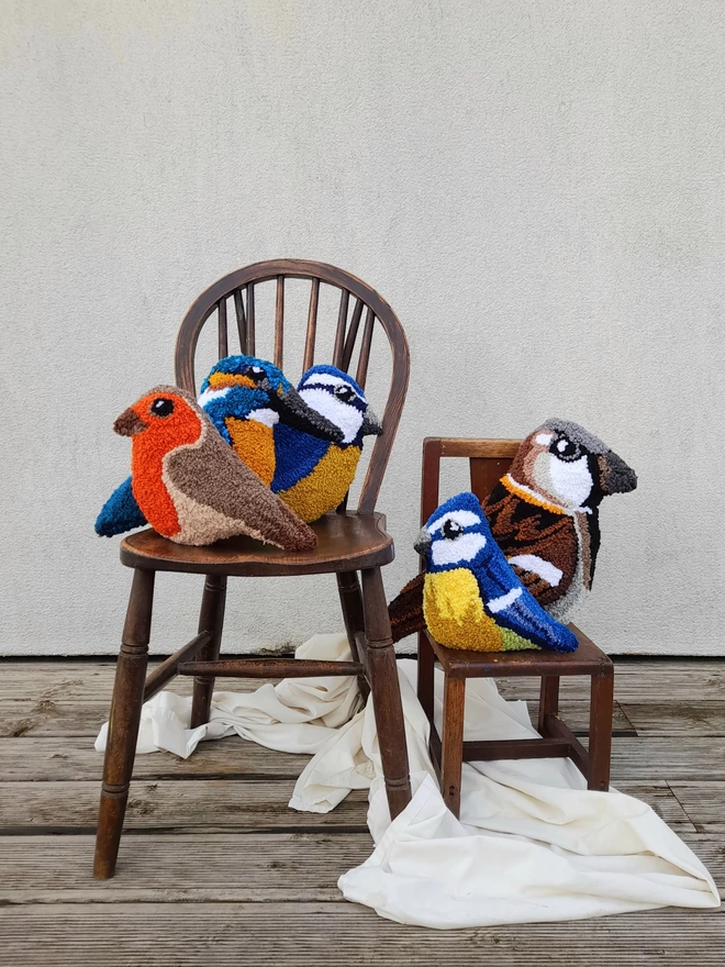 5 Beautiful Hand Made Birds on Vintage Wooden Chairs  