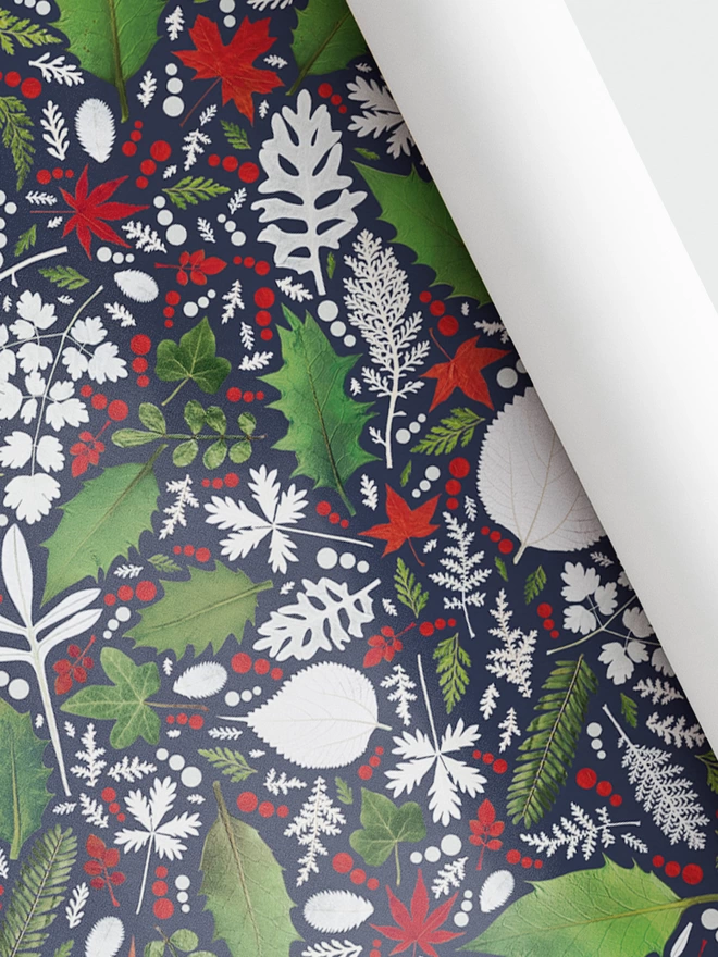 Rolled sheet of luxury Christmas gift wrap paper with pressed festive leaf design in red, green, and white on dark blue background