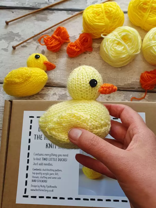 rubber duck knitted from a knitting kit