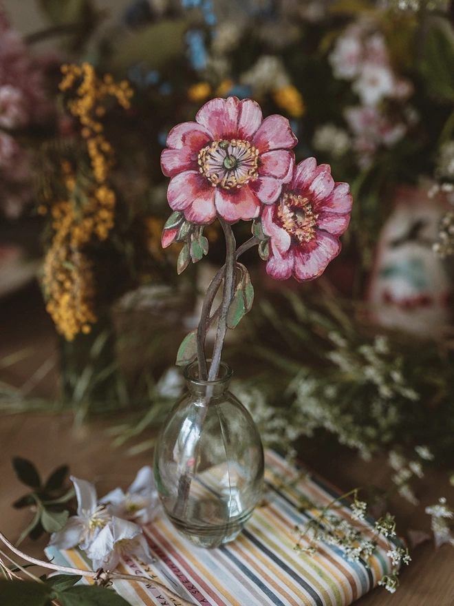 Wooden Double Peony Stem, displayed amongst a selection of wooden and fresh flowers