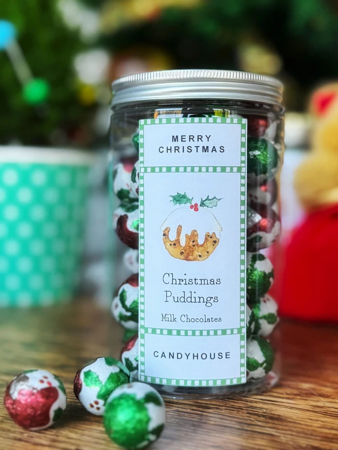 Tall Jar Candyhouse Milk Chocolate Christmas Gift Santa Snowman Pudding Crumbly Mints Candy Cane