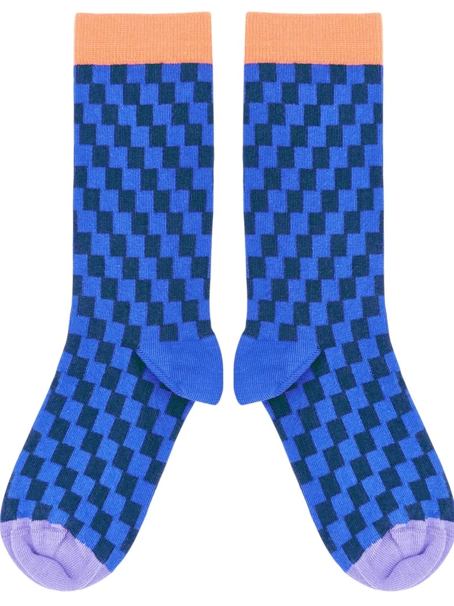 Women's Check Organic Cotten Ankle Socks, a pair of colourful patterned socks sitting on a plain white surface. 