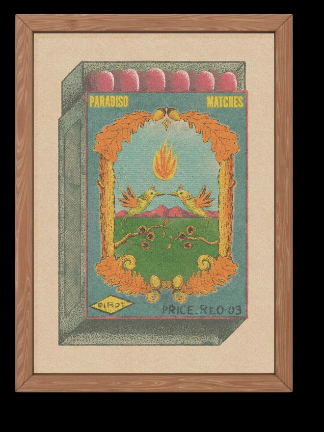 Step into a dreamlike vintage world with Paradiso Matches – Birdy, a richly detailed print inspired by old matchbox labels and folk-art iconography. Two mirrored birds hover mid-air beneath a floating flame, framed by curling vines, golden leaves, and distant rose-colored mountains. The composition feels symbolic and timeless—part love story, part talisman.  Muted greens and sky blues contrast with warm ochres and reds, all layered with a soft, grainy texture that evokes antique printing and quiet nostalgia. Equal parts playful and mystical, this artwork invites slow looking and rewards it with intricate detail and balance.  Perfect for collectors of vintage-inspired art, nature lovers, or anyone drawn to symbols of connection, warmth, and spark.