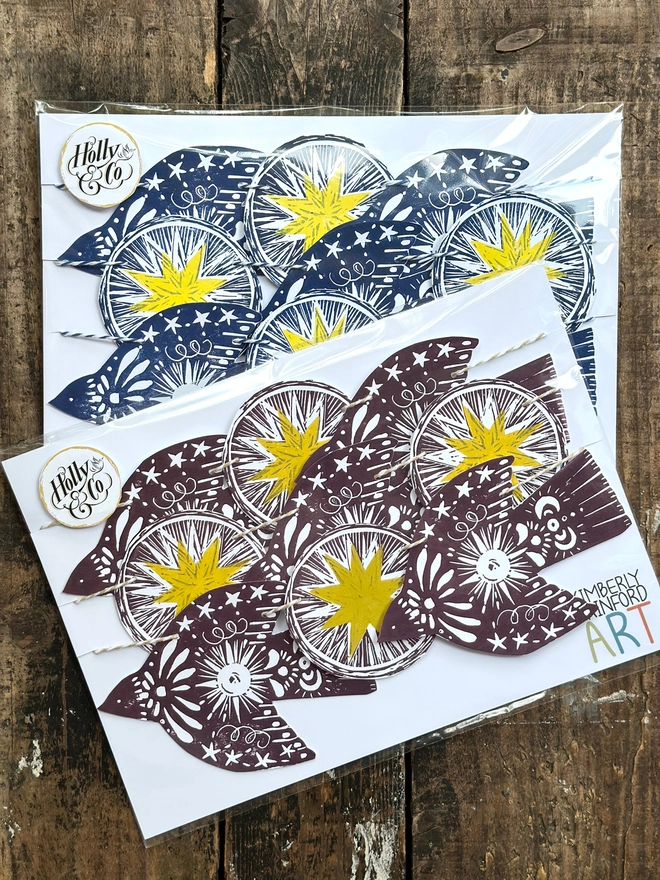'Twinkle & Flight' Festive Nordic Folk Birds Linocut Garland