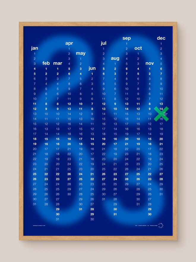 Framed Blue Minx Personalised Date Poster on clay wall