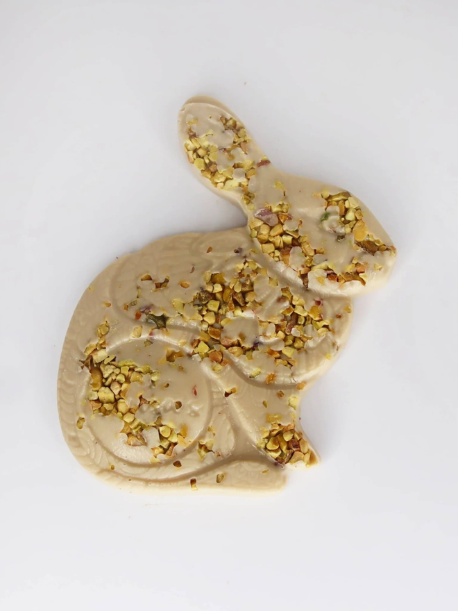Pistachio White Casholate Vegan Chocolate Luigi Bunny on a plain background