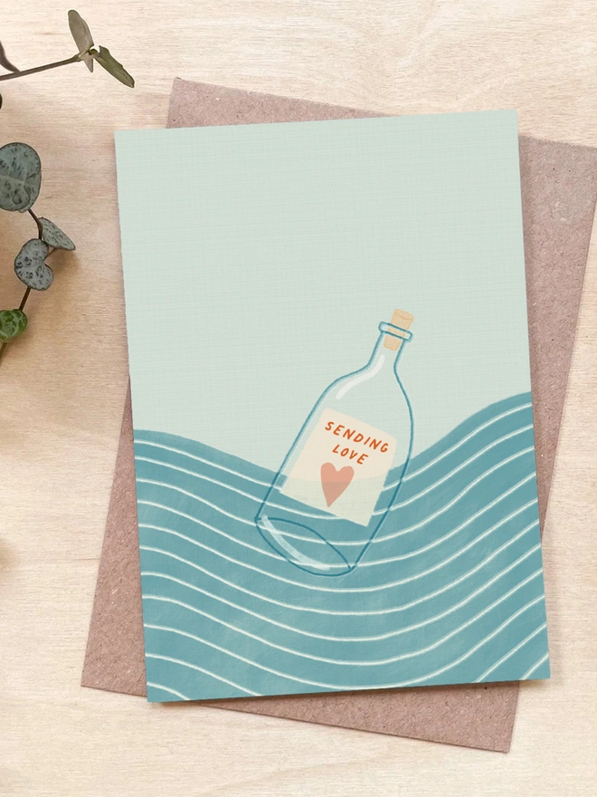 Sending Love Message In a Bottle Card made from Recycled Coffee Cups